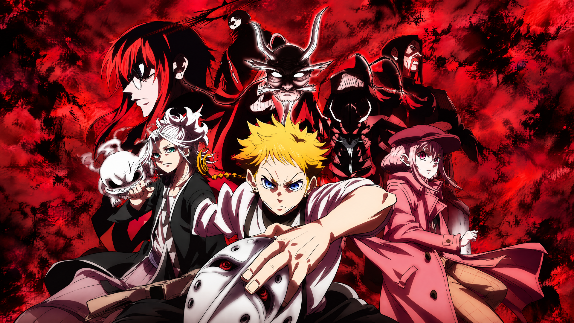 The Vermilion Mask anime/manga 4K Ultra HD PC desktop wallpaper and background: intense ensemble—blond hero in front of masked villains on a blood-red, smoky backdrop.