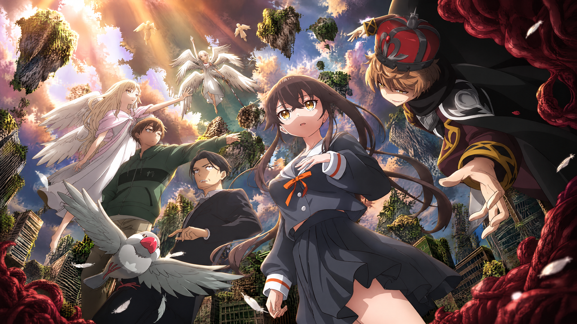 4K Ultra HD PC desktop wallpaper of Sasaki and Peeps (anime), showing Sasaki in a school uniform with Peeps and allies amid glowing skies, floating islands, and blooming roses.