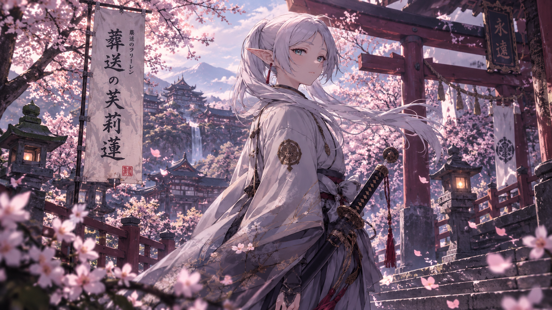 Anime (Frieren: Beyond Journey's End) 2K Quad HD PC desktop wallpaper: Frieren in an elegant kimono with a sword, standing among torii gates and falling cherry blossoms at dusk.