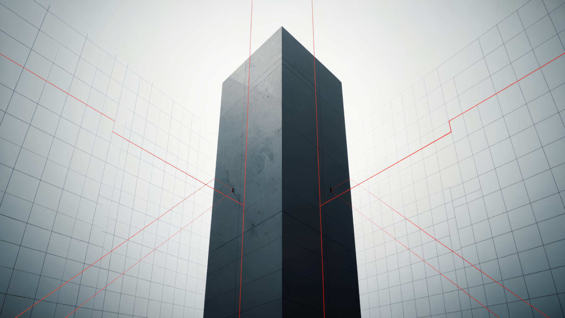 HD PC desktop wallpaper: a minimalist dark skyscraper tower rising into a pale sky, framed by faint red grid lines.