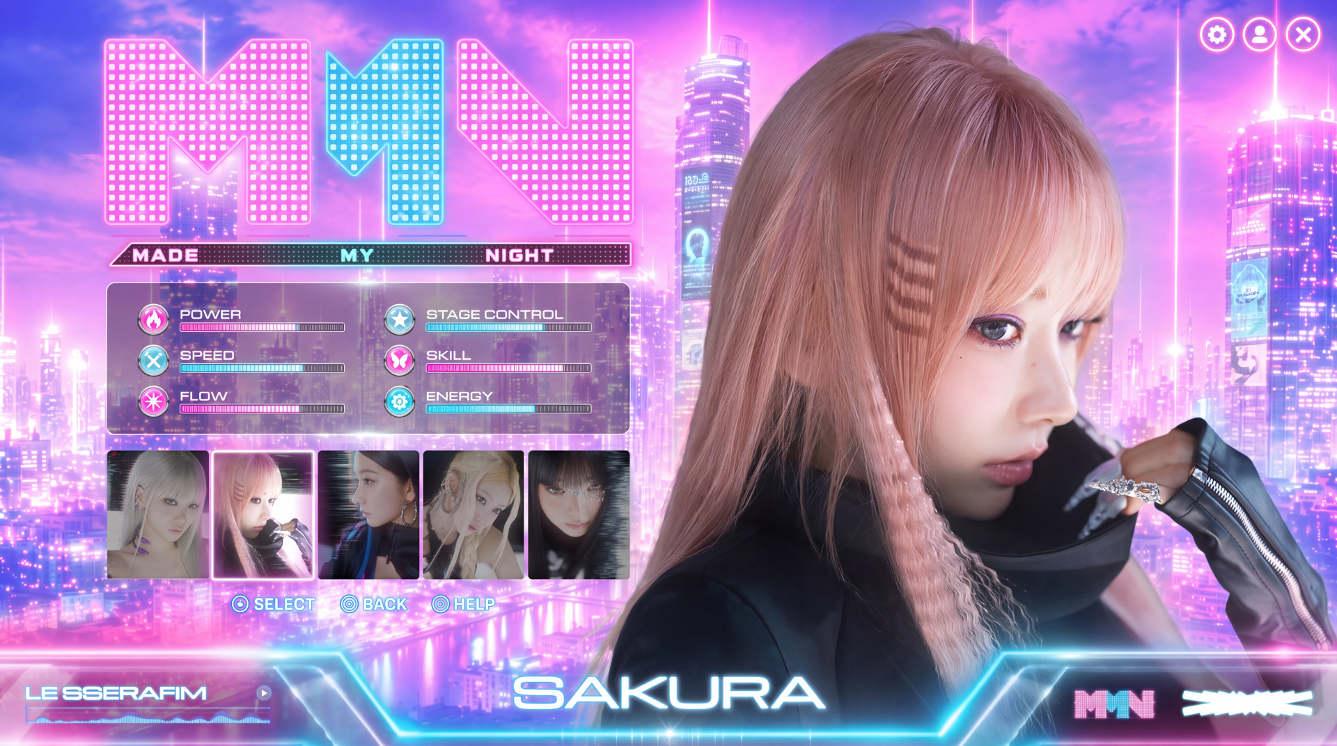 5K Ultra HD PC wallpaper: female K-pop idol portrait in a neon cyberpunk city, Overwatch 2–style HUD overlay, MNN title, profile thumbnails and futuristic UI elements.
