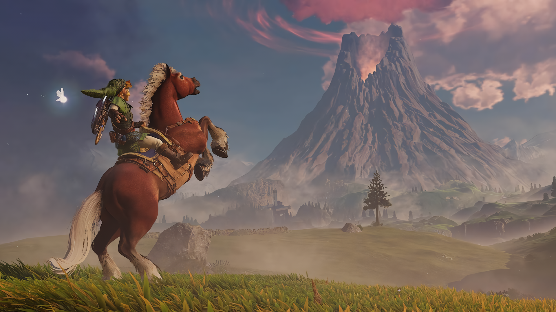 4K Ultra HD PC desktop wallpaper: The Legend of Zelda: Ocarina of Time Remake game art showing Link on horseback overlooking a misty valley toward a looming volcano at sunset.