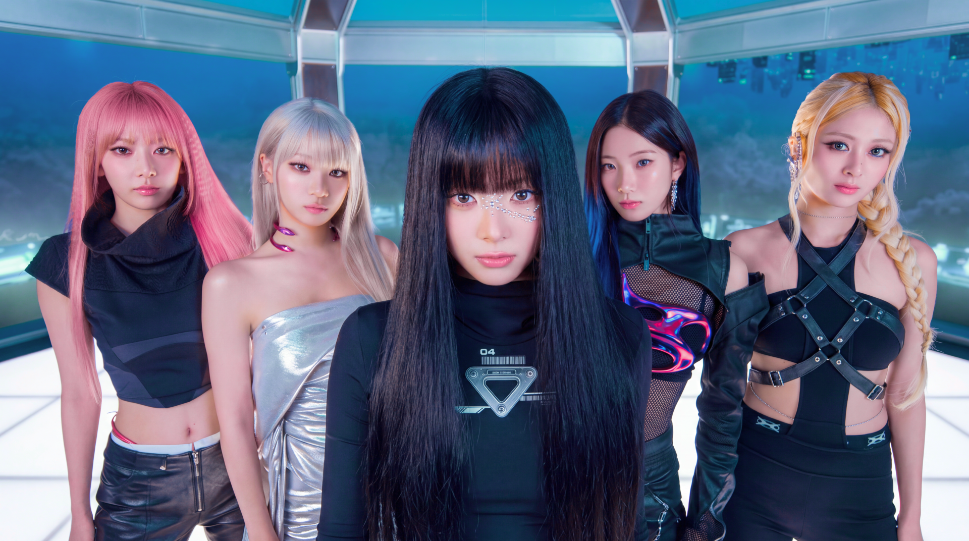5K Ultra HD PC desktop wallpaper and background: five women in dark futuristic outfits standing in a neon teal sci‑fi corridor, central figure with long black hair and blunt bangs.