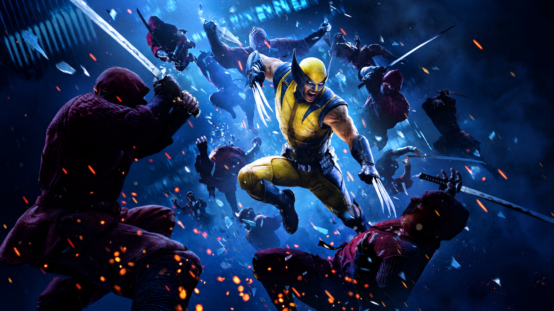 Marvel's Wolverine lunges through a rain-soaked city, claws extended amid shadowy foes — 4K Ultra HD PC desktop wallpaper and background of the X-Men superhero.