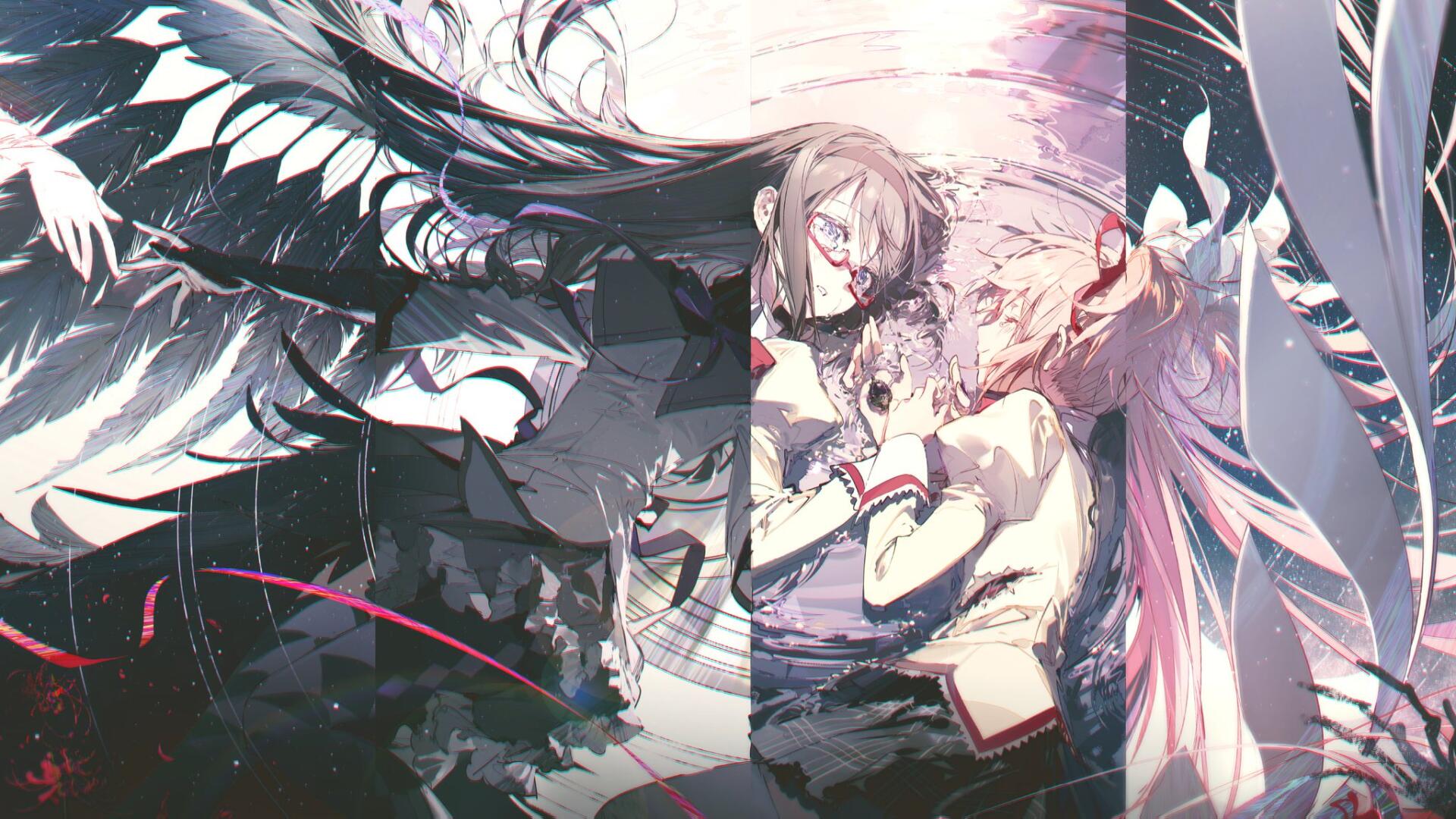 HD anime PC desktop wallpaper: Homura Akemi and Madoka Kaname from Mahou Shoujo Madoka☆Magica, mirrored dark/light composition with wings, scattered petals and shattered glass accents.