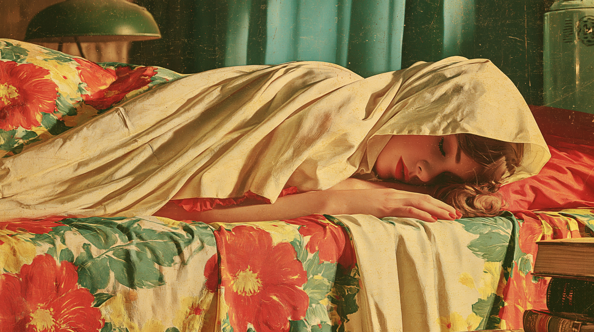 2K Quad HD PC desktop wallpaper: a woman sleeping on a bed, wrapped in a cream blanket over vibrant floral sheets, soft lamp glow and green curtains in the background.
