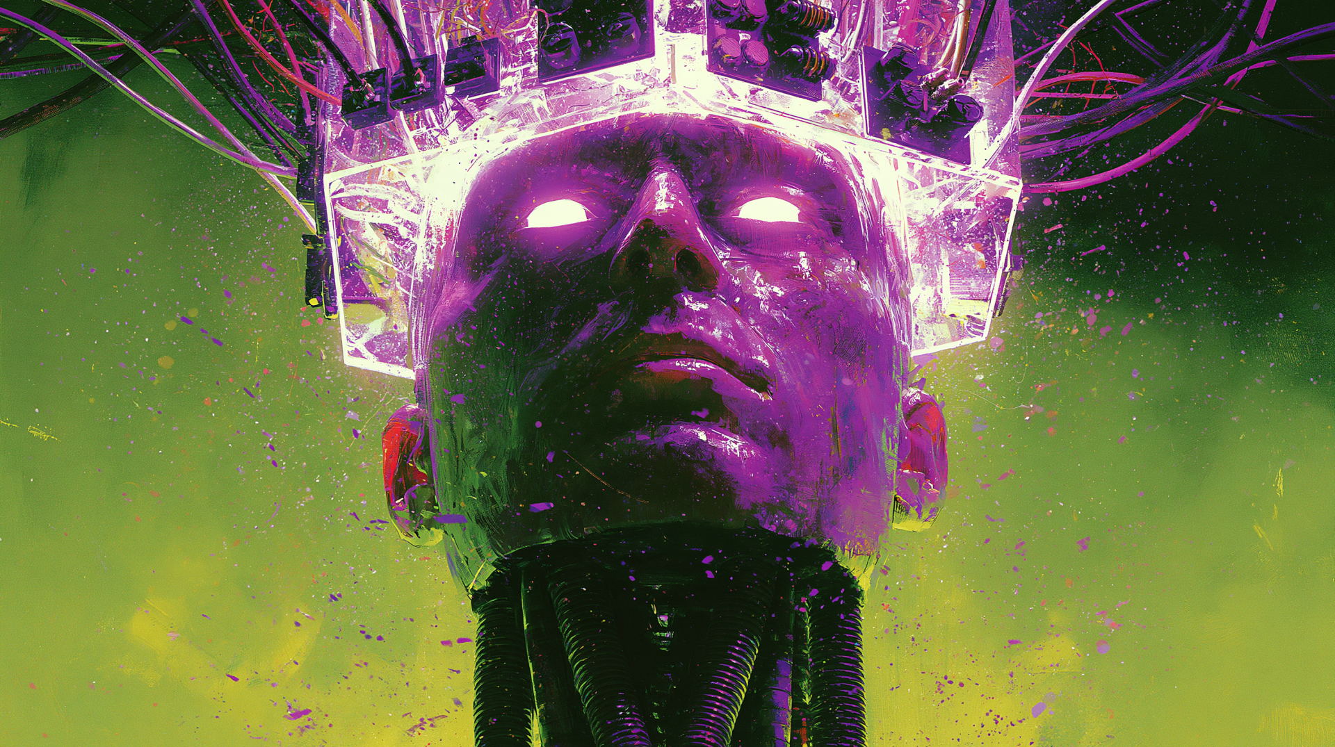 Sci-fi cyborg portrait with glowing purple eyes and neural crown, neon green background — 2K Quad HD PC desktop wallpaper/background.
