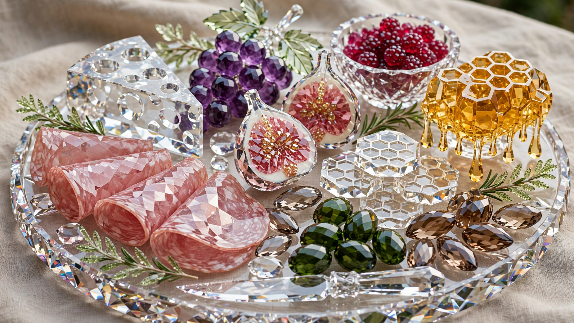 HD PC desktop wallpaper: crystal bowl and glassware arranged as a glass charcuterie display — faceted ham slices, jewel-like grapes, figs and honeycomb accents on a sparkling tray.