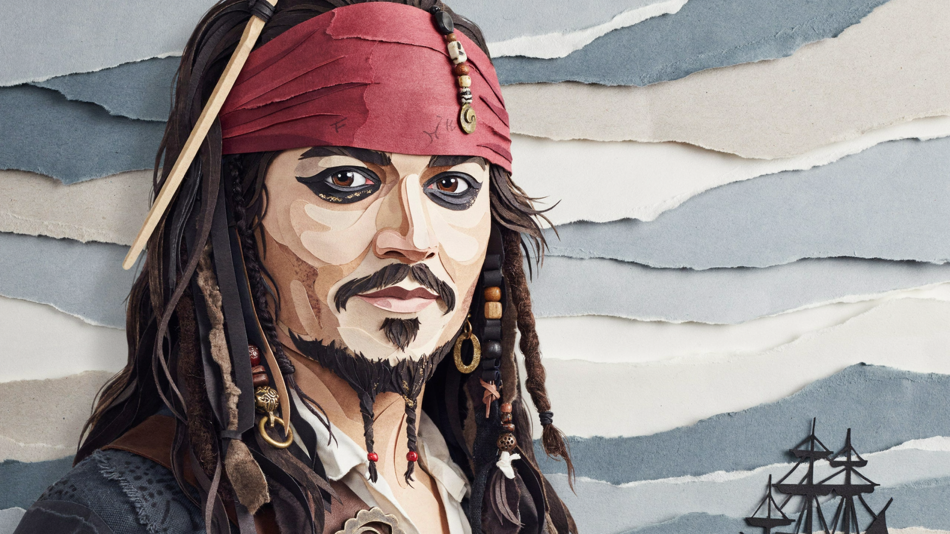 2K Quad HD desktop wallpaper of pirate Jack Sparrow: close-up portrait with red bandana, braided hair and trinkets, ship silhouette against layered gray-blue sky.