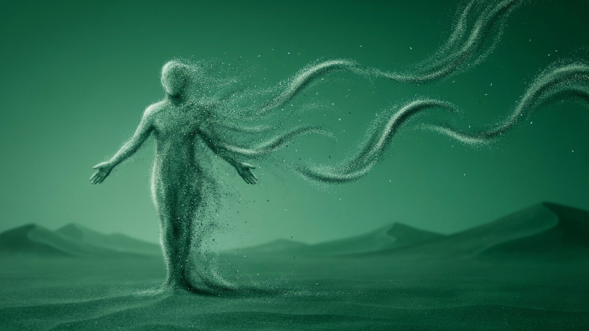 Emerald green smoke forming a ghostly humanoid spirit with trailing tendrils across a 2K Quad HD PC desktop wallpaper background.
