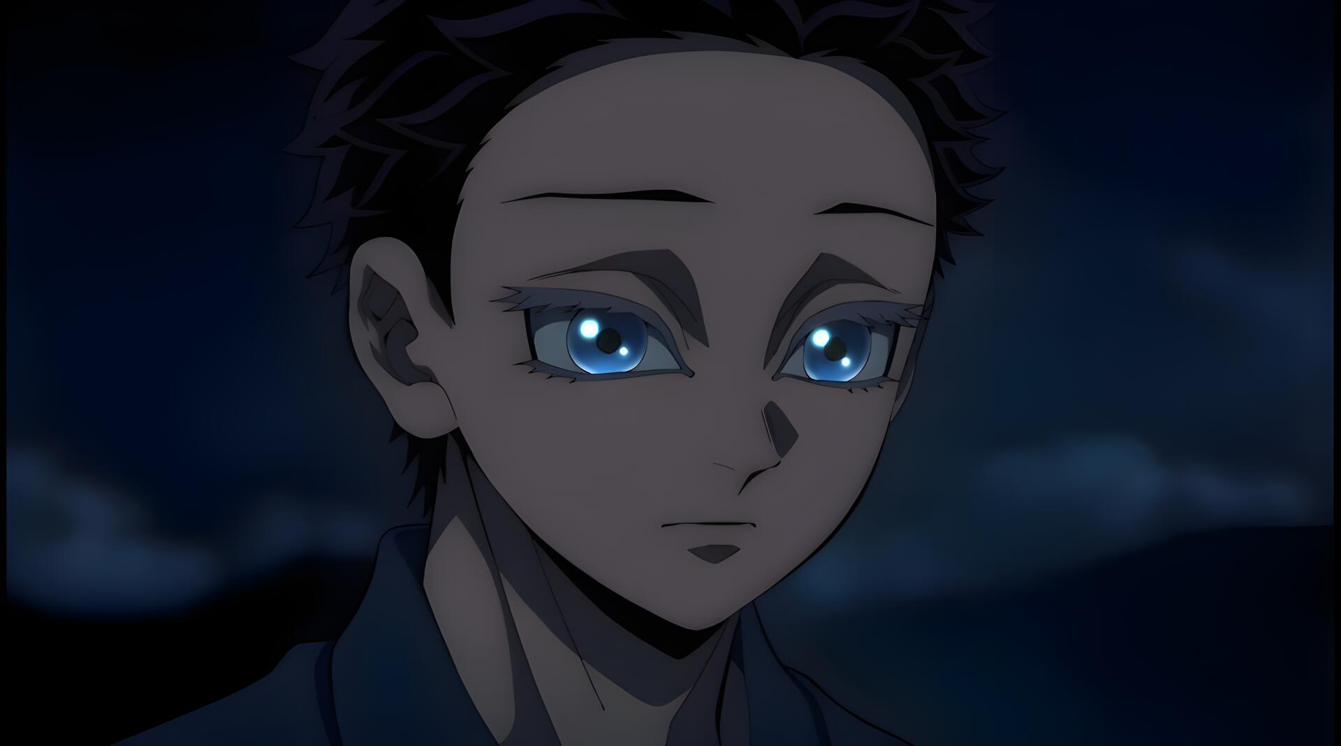 Close-up of Akaza from Demon Slayer: Kimetsu no Yaiba — The Movie: Infinity Castle, anime 4K PC desktop wallpaper showing his reflective blue eyes against a dark night sky.