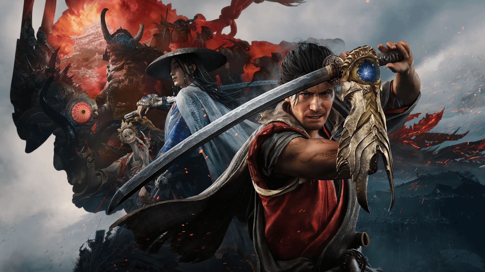Onimusha: Way of the Sword 4K Ultra HD PC desktop wallpaper and background: a determined samurai raising a jeweled sword, a hooded ally behind him and a flaming demon looming in a stormy sky.