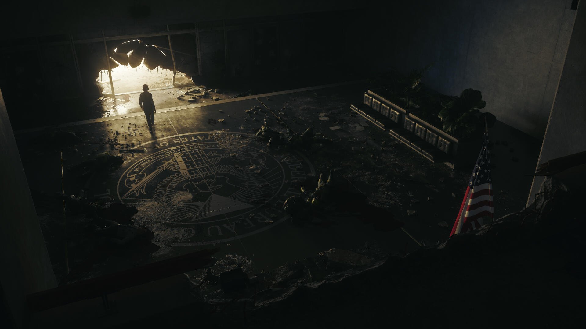Control Resonant 4K Ultra HD PC desktop wallpaper/background: silhouetted figure in a cavernous tunnel/cave, light spilling through the entrance onto a debris-strewn floor.