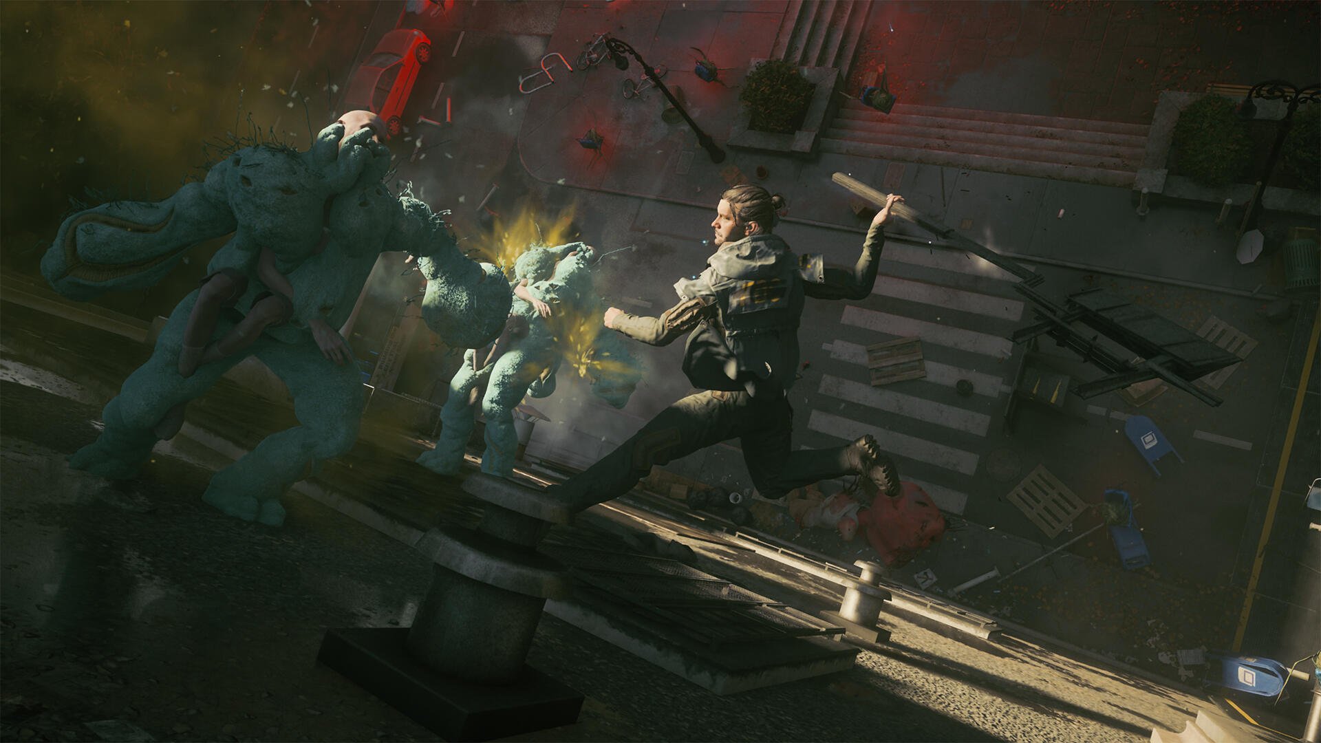HD PC desktop wallpaper: Control Resonant scene of Dylan Faden in a brutal fight, lunging with a weapon amid supernatural chaos.