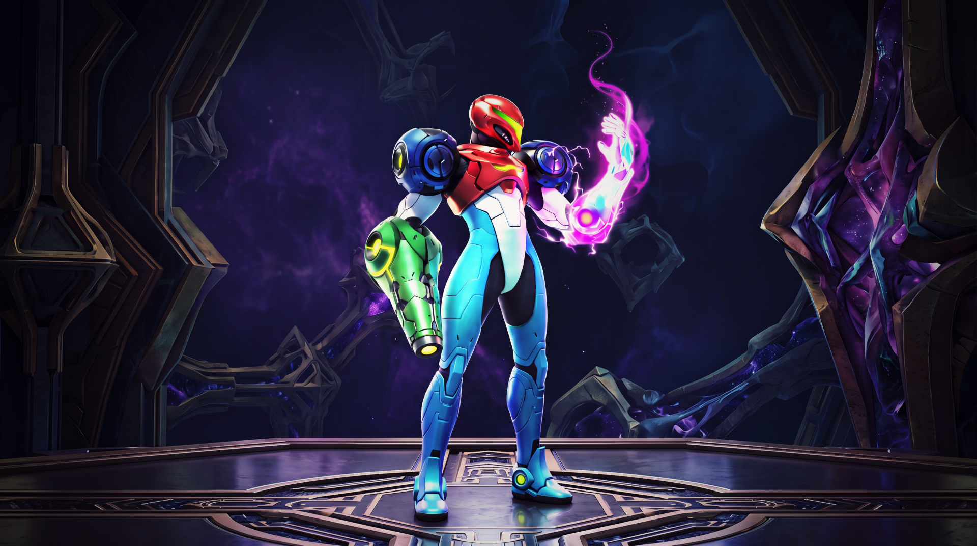 Samus Aran in her Power Suit, arm cannon ablaze, standing in a cosmic chamber — Metroid Ravenous video game artwork by Nintendo. 5K Ultra HD PC desktop wallpaper.