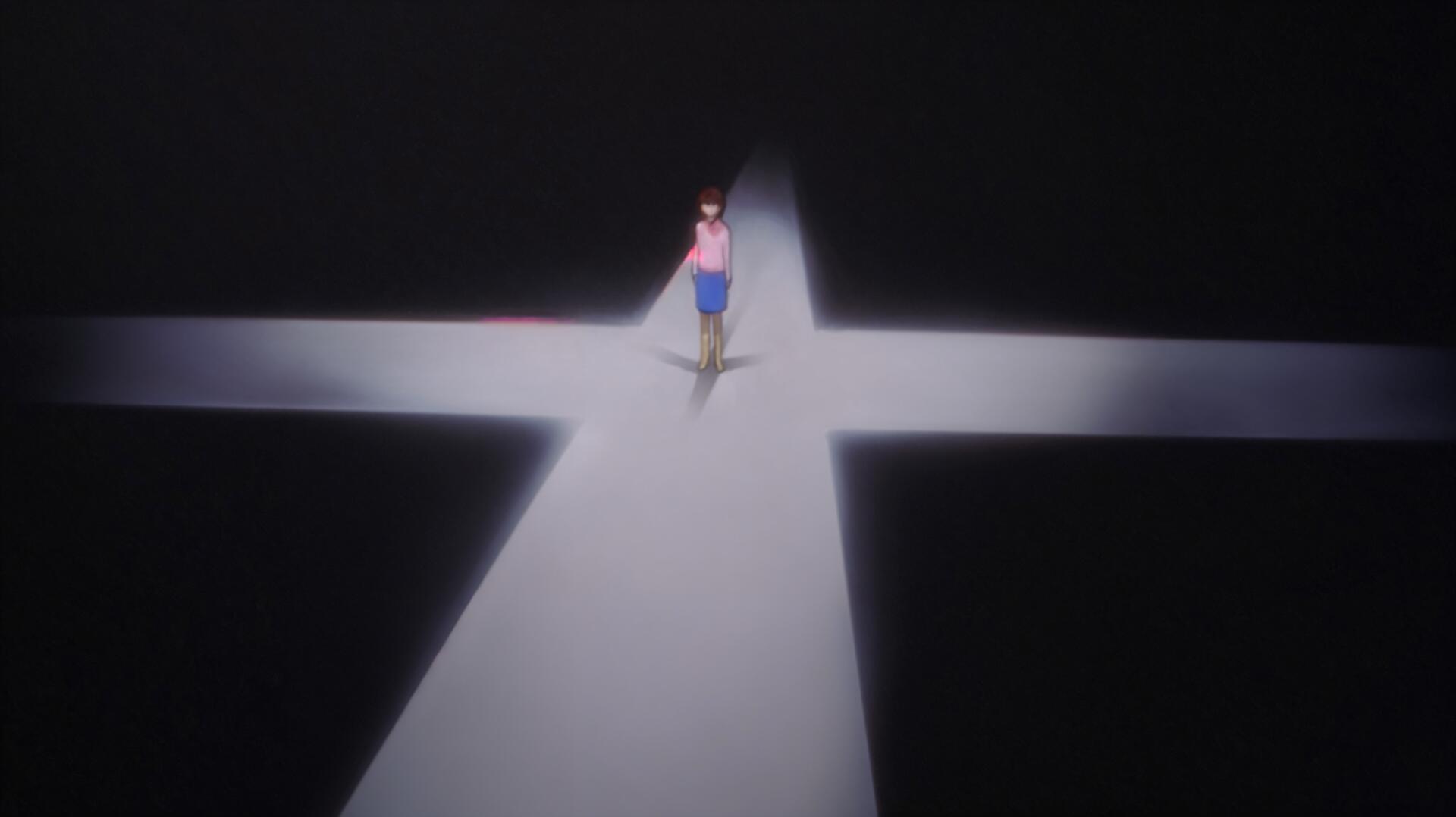 4K Ultra HD desktop wallpaper of Lain Iwakura (Serial Experiments Lain) standing alone in a cross-shaped spotlight against a dark background.