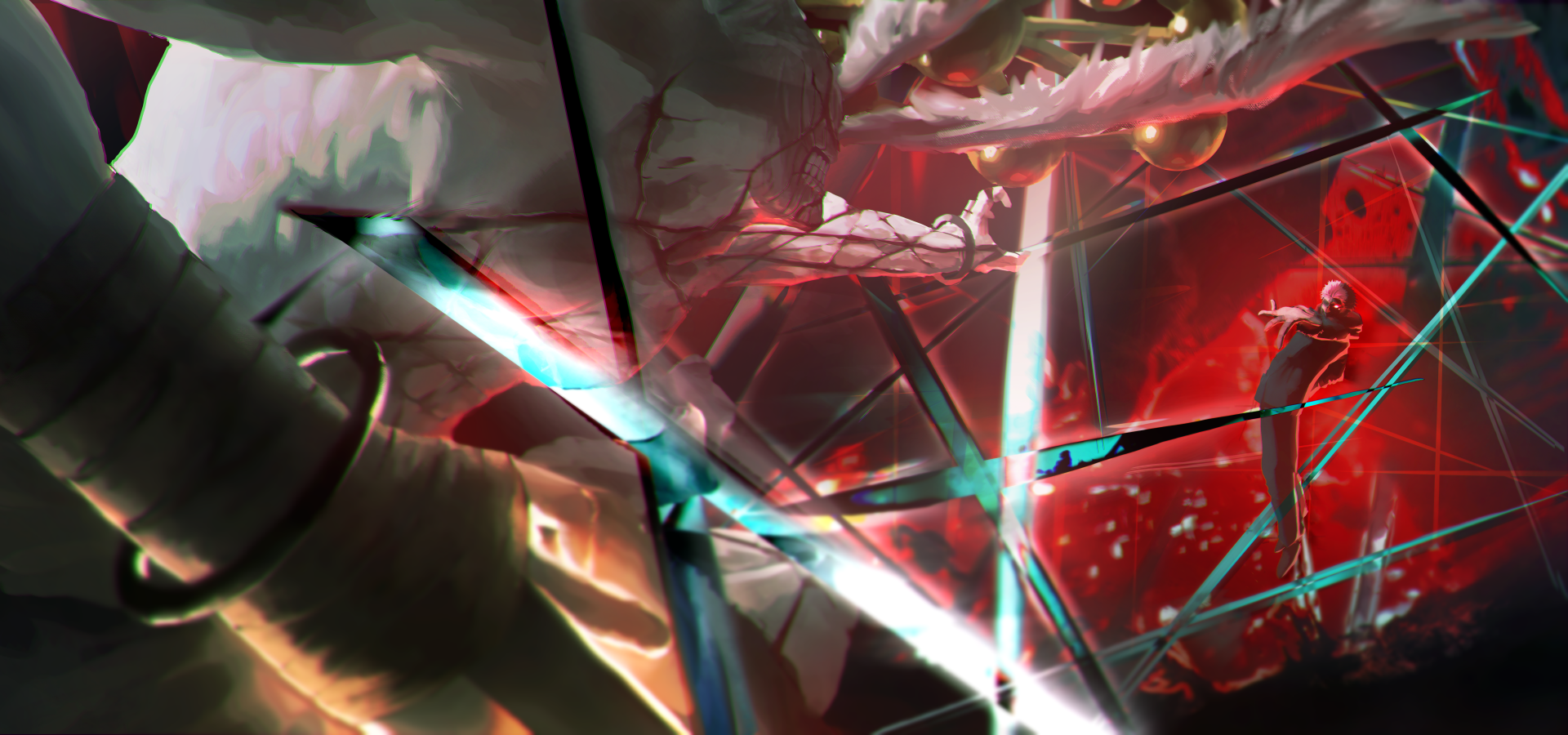 5K Ultra HD abstract geometric wallpaper of Mahoraga and Sukuna (Jujutsu Kaisen), clashing amid neon shards and blood-red energy.
