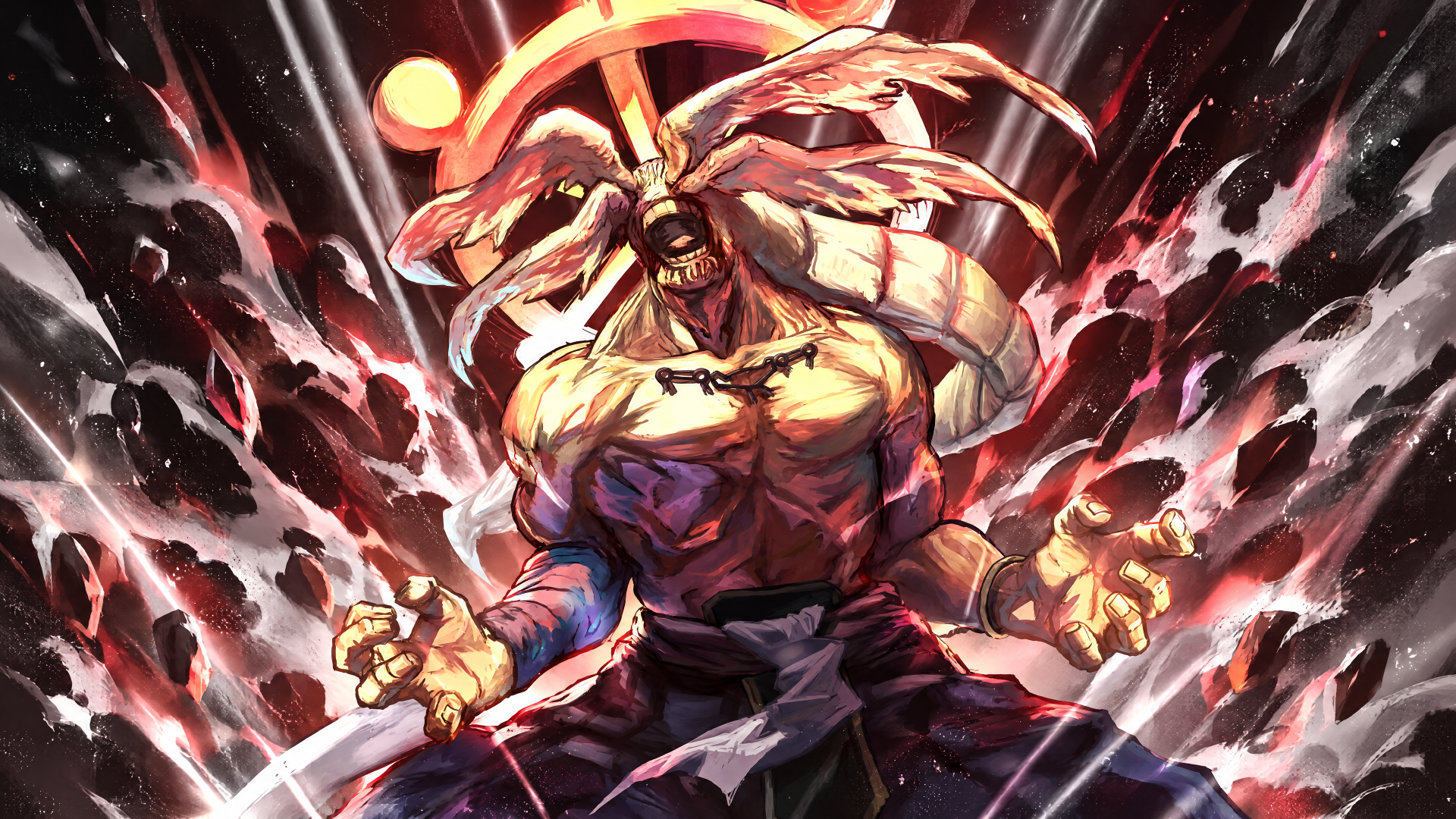 Mahoraga from Jujutsu Kaisen — muscular anime warrior/fighter amid explosive energy, rendered as a 4K Ultra HD PC desktop wallpaper background.