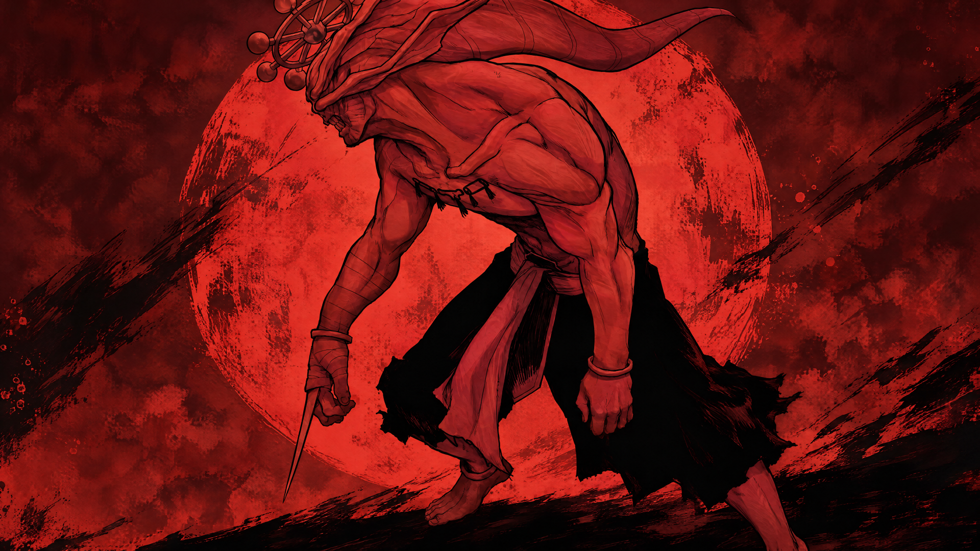 Mahoraga from Jujutsu Kaisen — a hulking demon/monster with horns and rippling muscles looming before a blood-red moon; dramatic 4K Ultra HD PC desktop wallpaper/background.