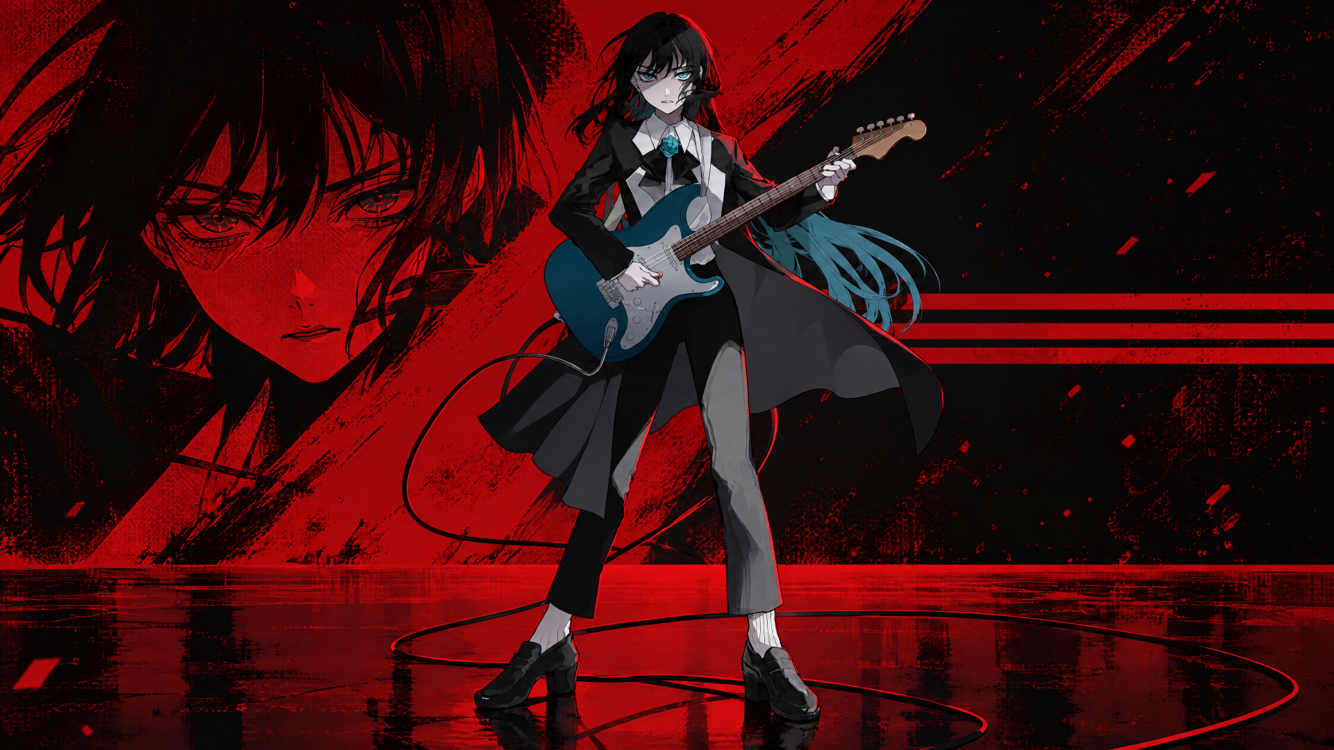 Anime singer with teal-tipped hair and electric guitar on a glossy stage before a blood-red abstract mural; 4K Ultra HD PC desktop wallpaper/background.