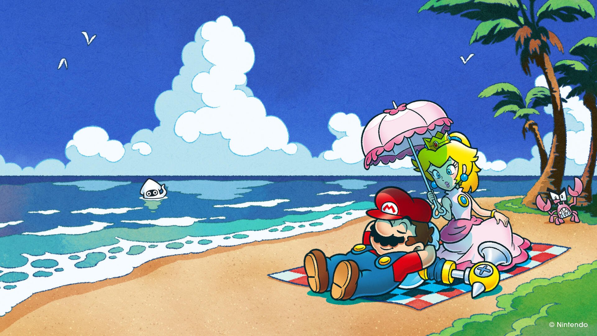 HD PC desktop wallpaper/background: Super Mario naps on a sunny beach while Princess Peach fans him under a parasol in a colorful, cartoon coastal scene.