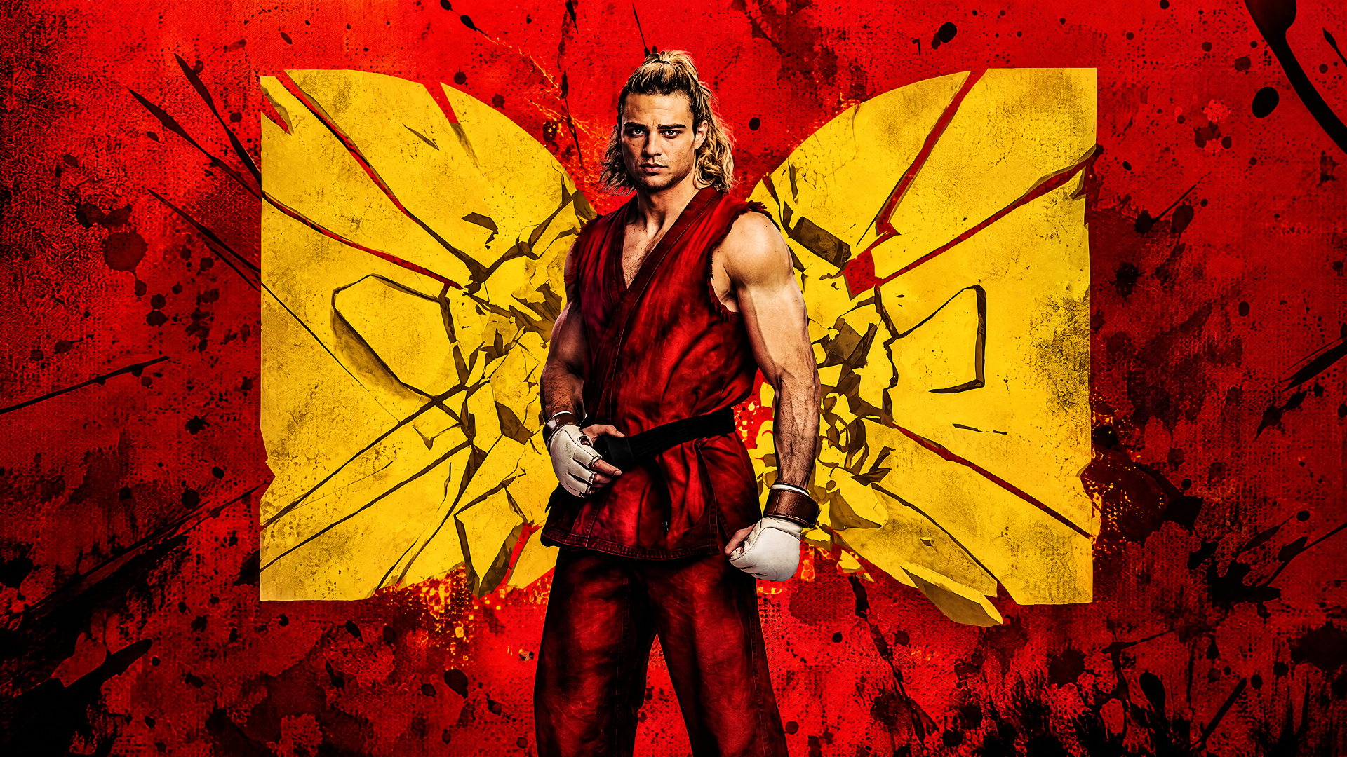 Ken Masters from Street Fighter (2026): a martial artist/fighter in a red gi and gloves stands before a shattered yellow emblem on a red textured backdrop — 4K Ultra HD PC desktop wallpaper/background.