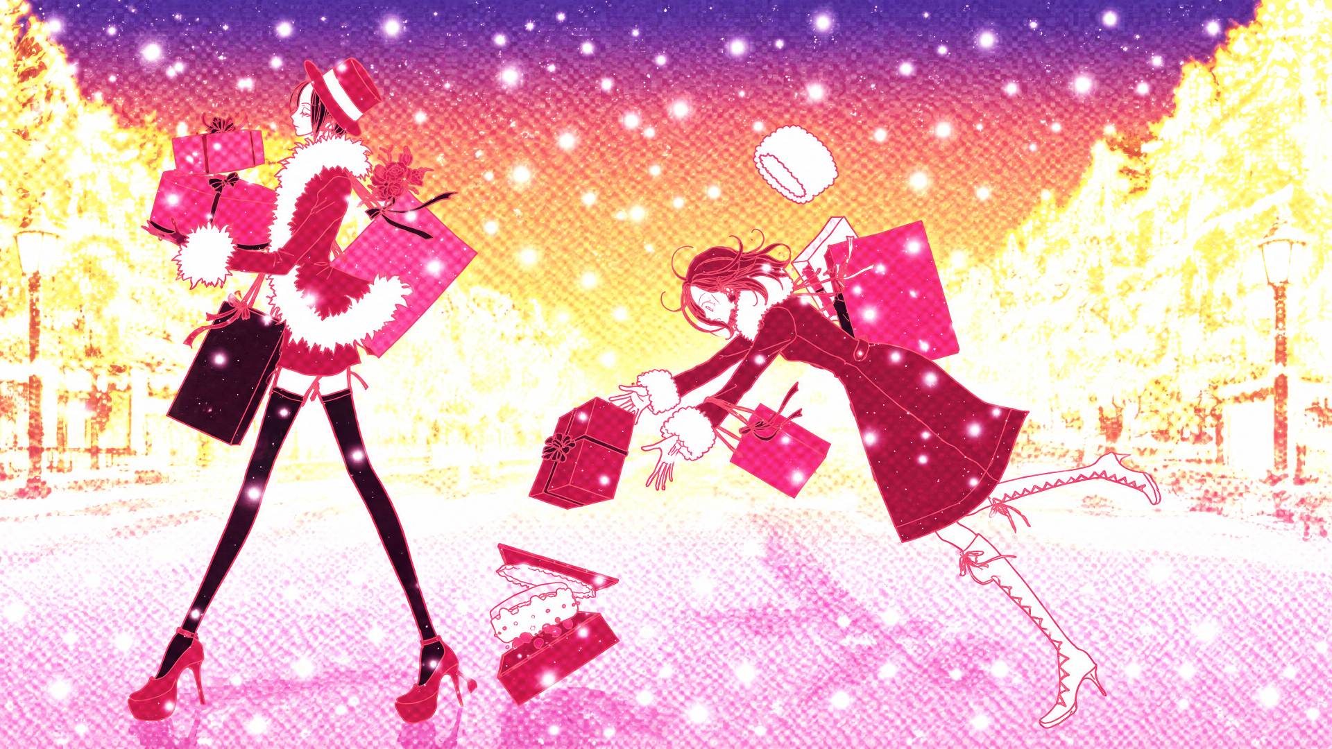 Bright 4K Ultra HD PC desktop wallpaper: Nana Osaki and Nana Komatsu exchange Christmas gifts on a snowy, glittering street beneath a pink-orange evening sky.