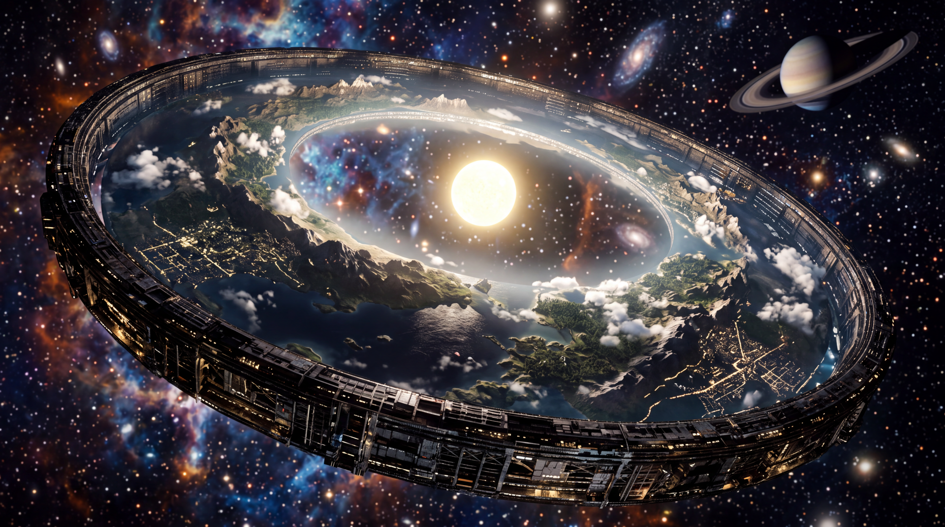 5K Ultra HD PC desktop wallpaper: colossal ringworld space station encircling a sunlit inner planet, cloudscapes and city lights along the rim against a star-filled cosmos.