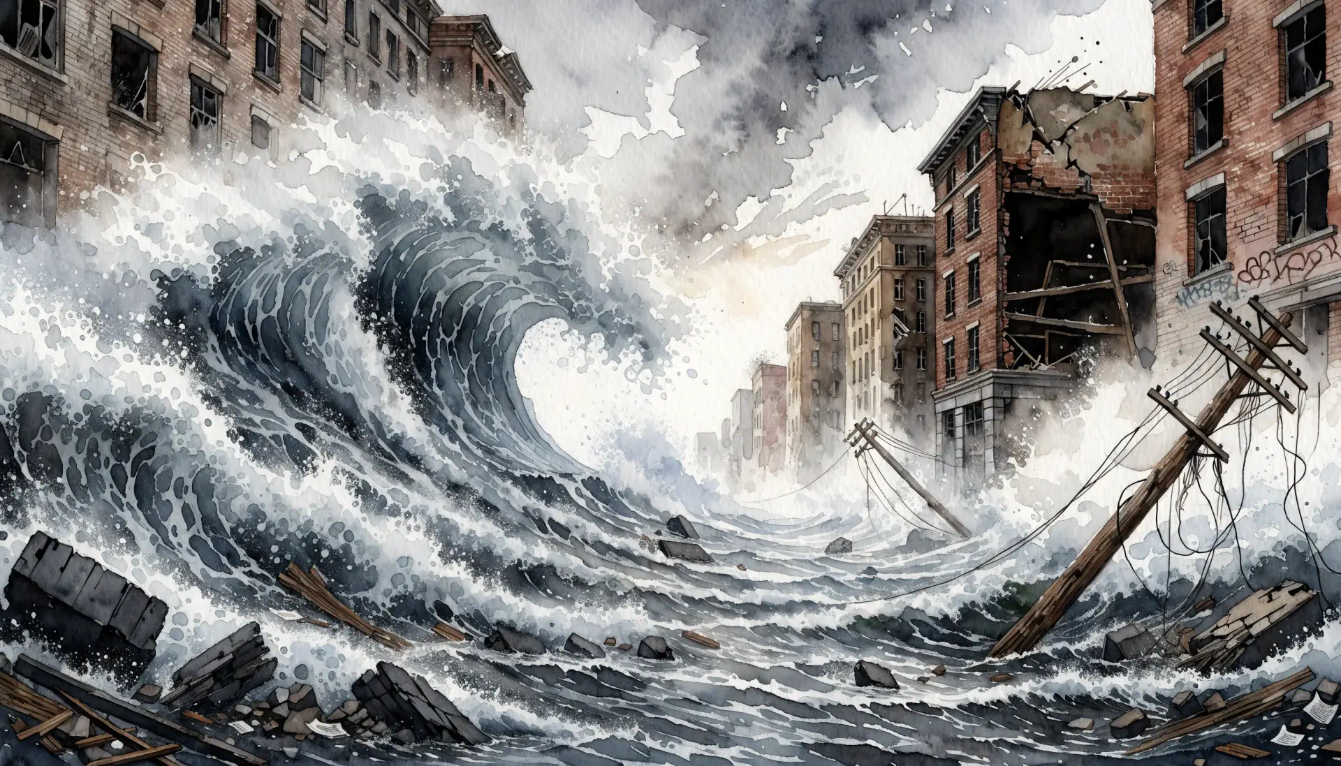 2K Quad HD PC desktop wallpaper: a towering tsunami wave floods a ruined city, water sweeping through streets, collapsed buildings and broken power poles, conveying widespread destruction.