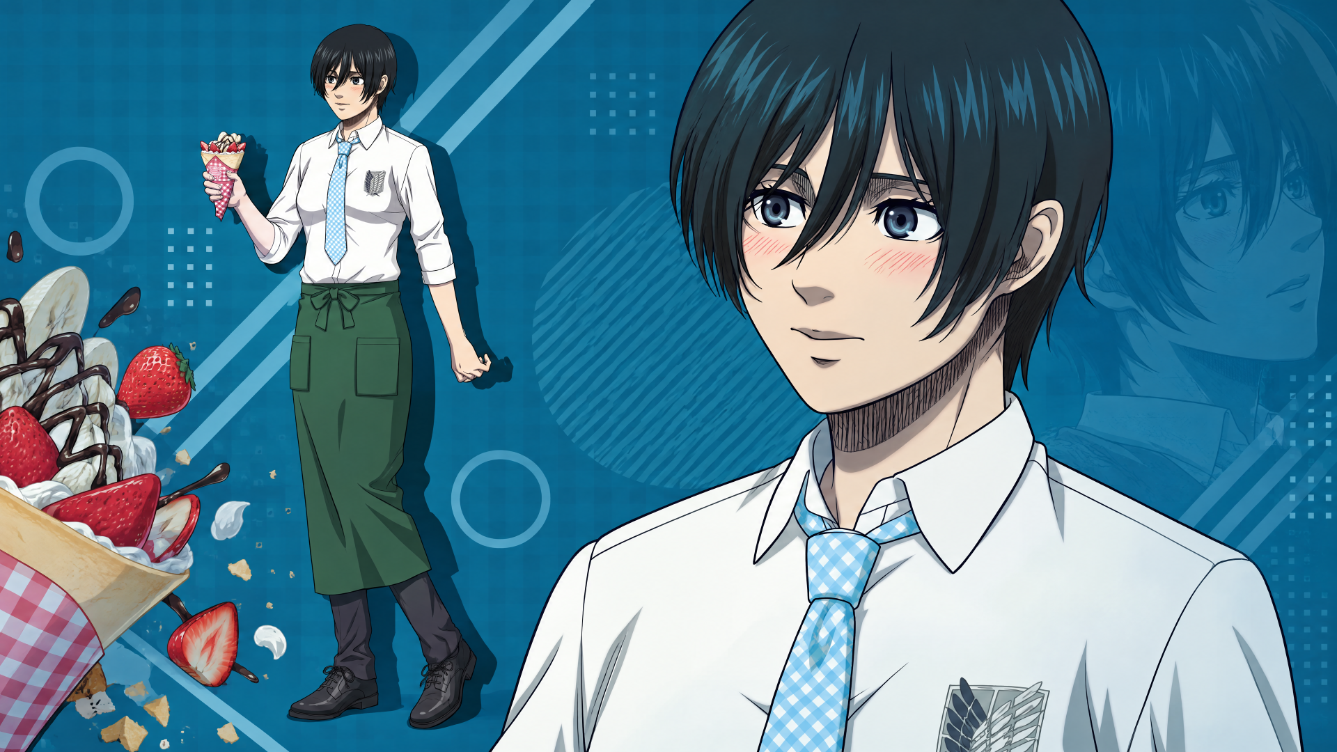 4K Ultra HD PC desktop wallpaper of Mikasa Ackerman (Attack on Titan) reimagined as an anime boy: close-up portrait and full-body in school shirt, tie and apron against a blue, dessert-themed background.