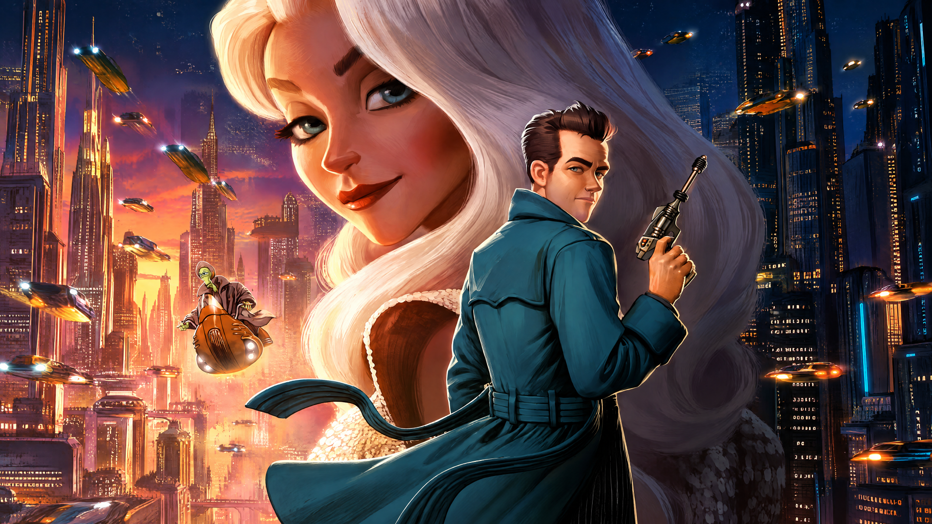 4K Ultra HD PC desktop wallpaper: Ray Gunn — trench‑coated man holding a pistol and a glamorous woman pose before a neon futuristic city with hovering craft at sunset.
