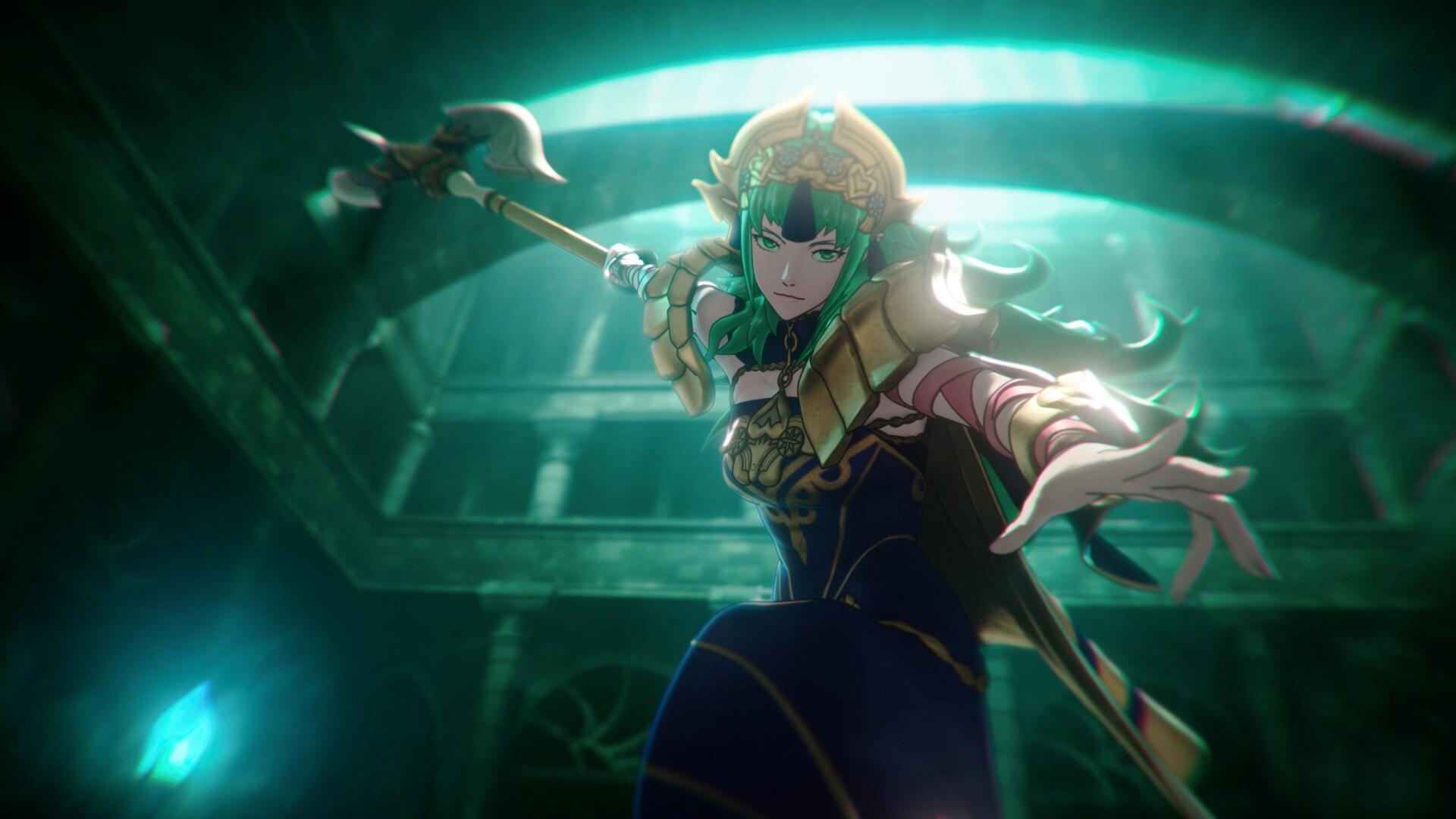 Fire Emblem: Fortune's Weave anime warrior in ornate armor casting emerald magic, spear raised in a glowing chamber, 4K Ultra HD PC desktop wallpaper.