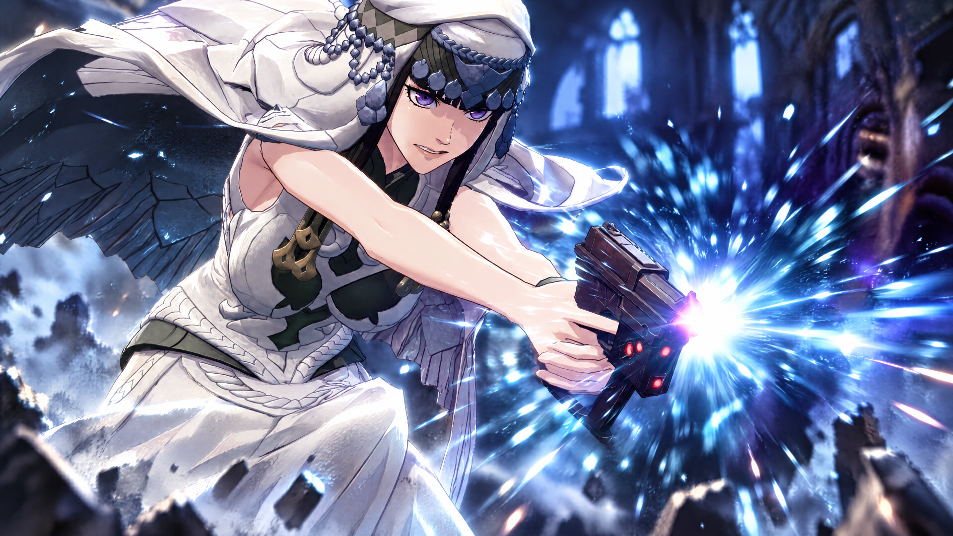 4K Ultra HD PC desktop wallpaper: Fire Emblem: Fortune's Weave — Anatolia anime girl firing a glowing gun amid cathedral ruins, blue energy shards.