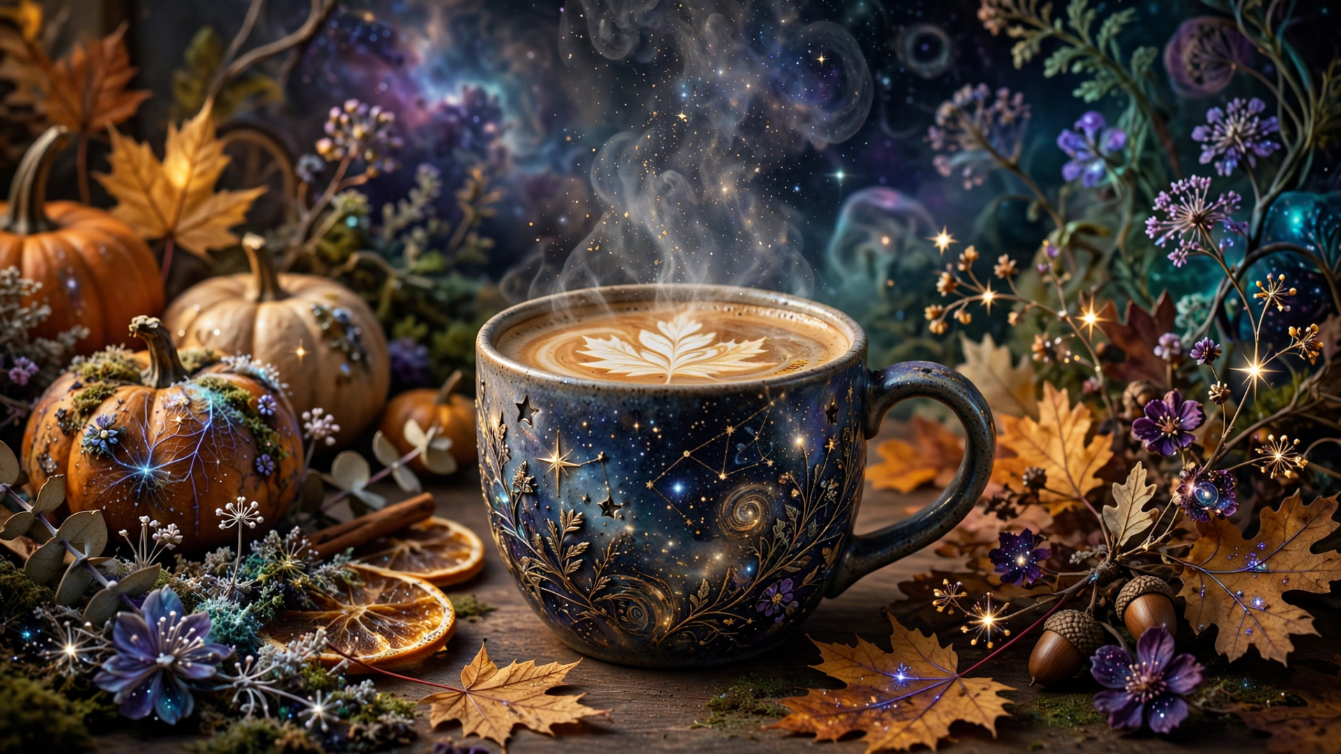 HD PC desktop wallpaper: steaming latte in an ornate cup with leaf latte art, surrounded by pumpkins, dried oranges, autumn leaves and purple flowers against a starry backdrop.
