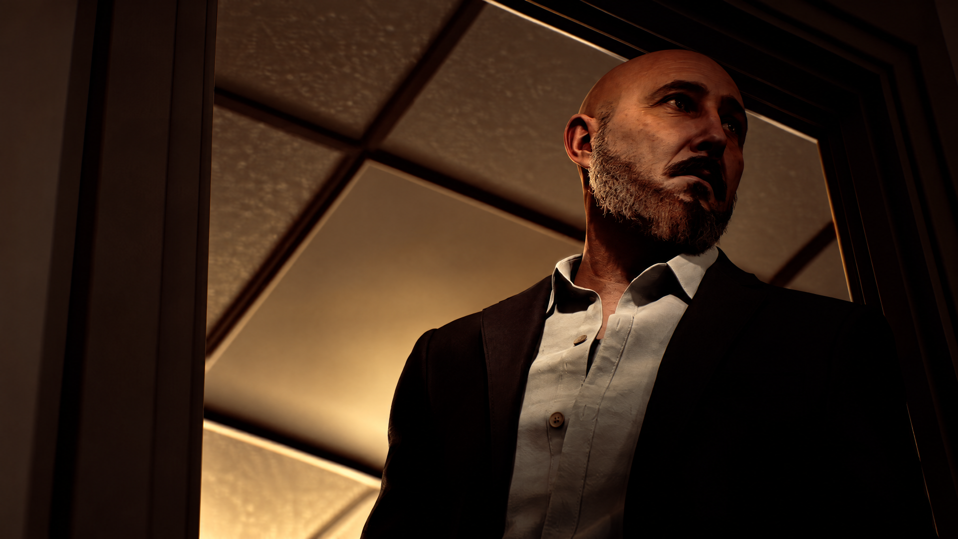 Silent Hill: Townfall portrait of a bald man in a suit, moody amber-lit close-up; cinematic 4K Ultra HD PC desktop wallpaper background.