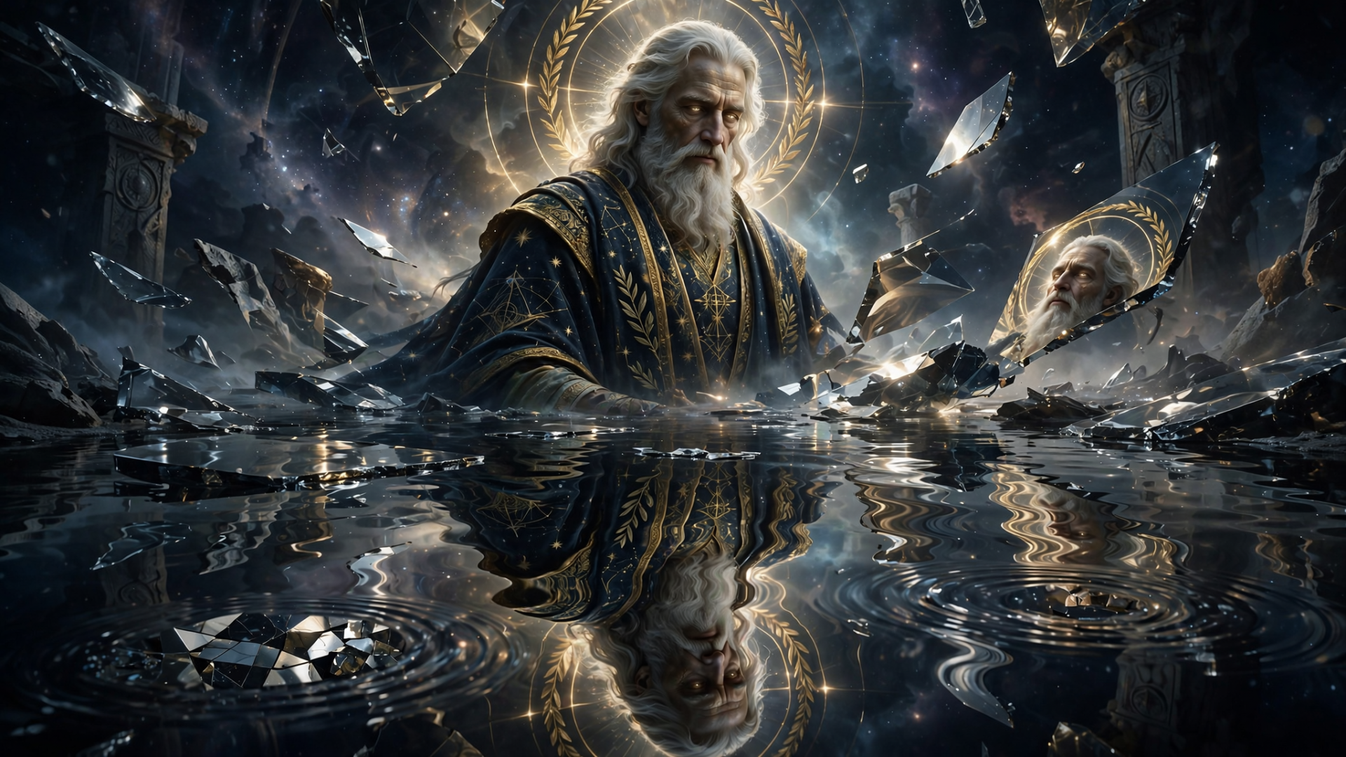 HD PC desktop wallpaper: an ancient god-wizard — a bearded old man in robes with a halo, conjuring glowing magic amid shattered celestial fragments reflected in dark water.
