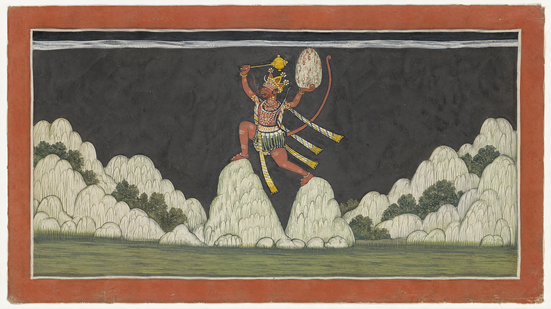 4K Ultra HD PC desktop wallpaper of Lord Hanuman, deity leaping above billowing clouds in a traditional painting style, vivid and dramatic.