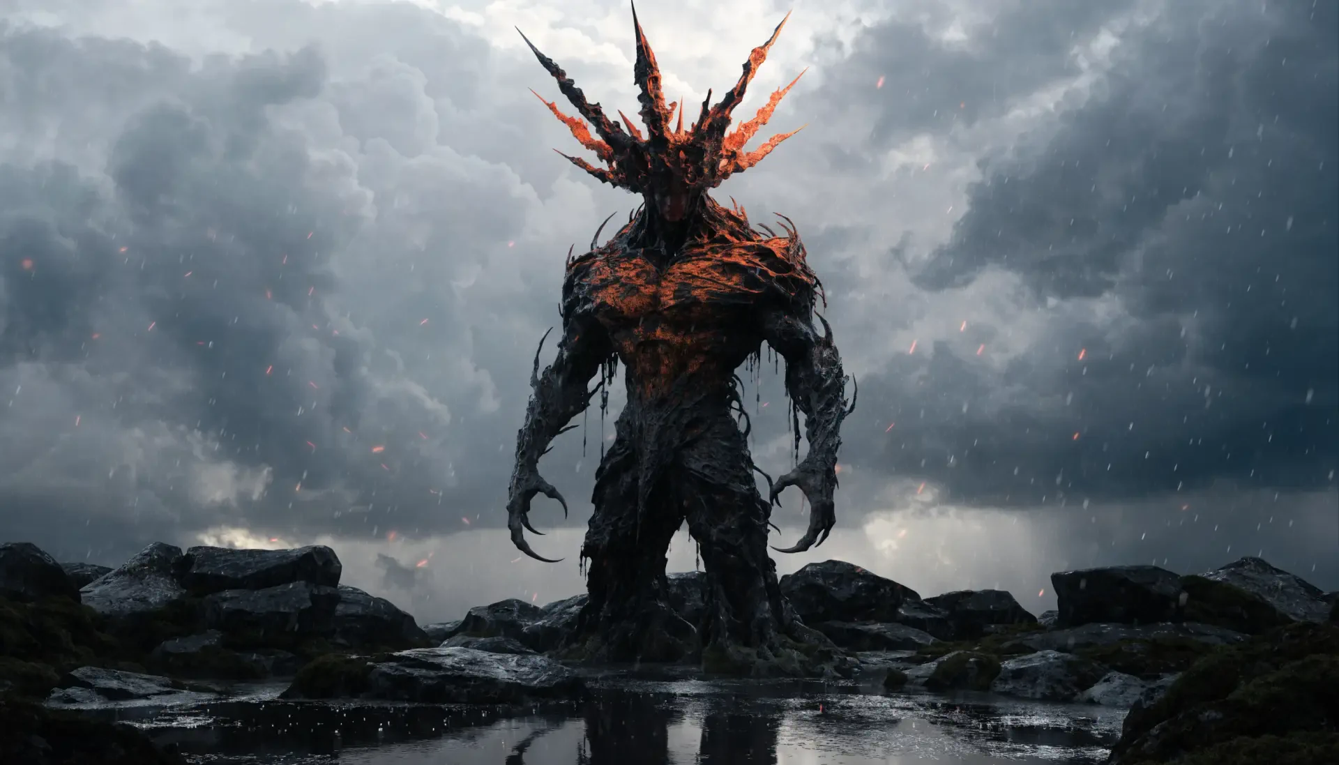 2K Quad HD PC desktop wallpaper/background: a towering dark king demon — charred, horned monster standing on rain-slick rocks beneath a stormy, ash-filled sky.