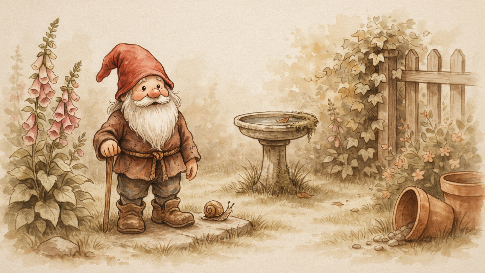 Whimsical garden gnome by a birdbath and snail in a soft sepia garden scene — 2K Quad HD PC desktop wallpaper/background.