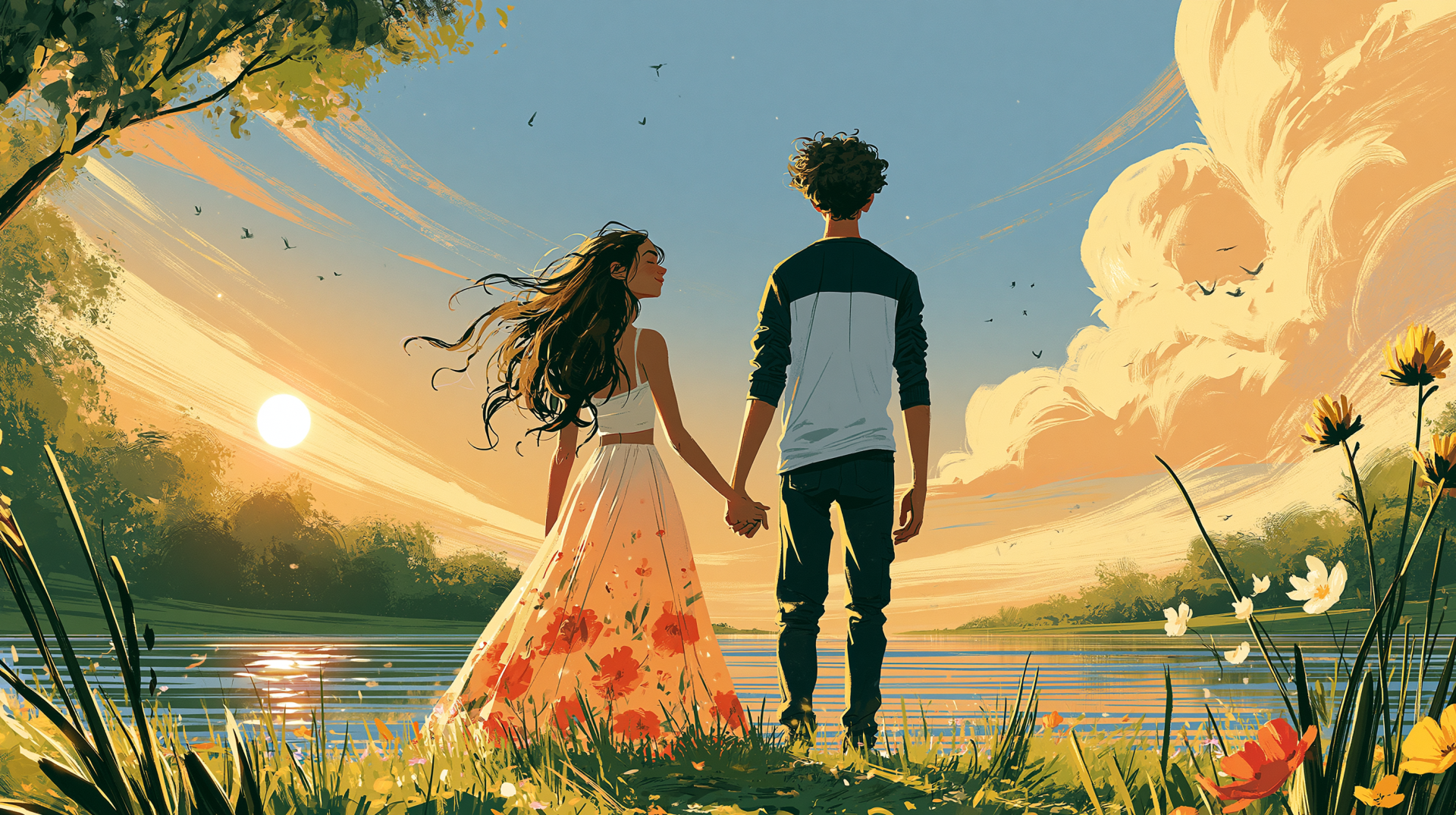 2K Quad HD PC desktop wallpaper of a couple in love holding hands by a tranquil lake at sunset, floral dress, warm skies and reflective water.