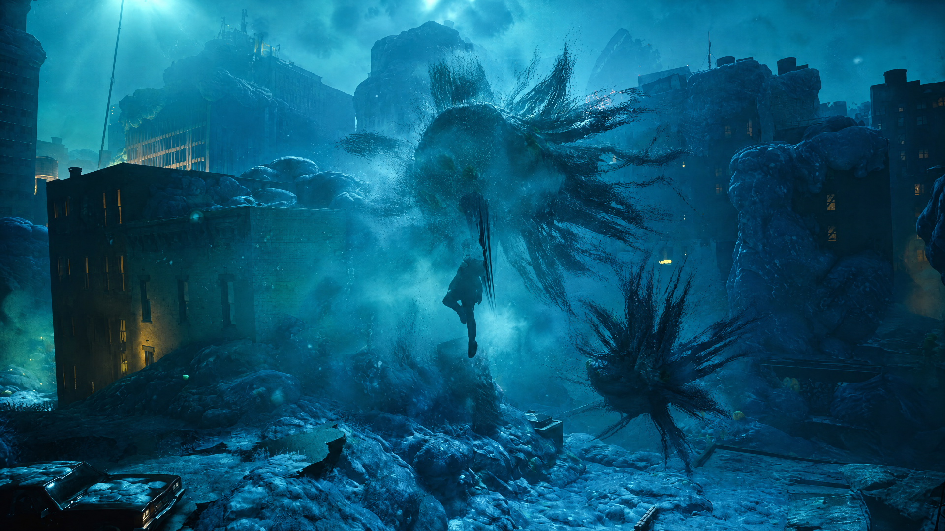 4K Ultra HD PC wallpaper showing a Control Resonant scene: glowing jellyfish-like forms drifting underwater over a flooded city, bathed in eerie blue light.