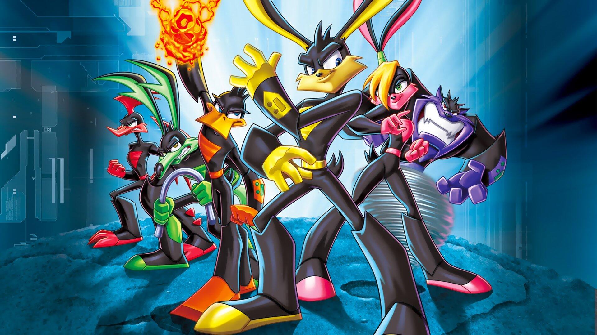 Loonatics Unleashed HD PC desktop wallpaper and background depicting five futuristic, stylized anthropomorphic heroes striking dynamic poses against a glowing cityscape.