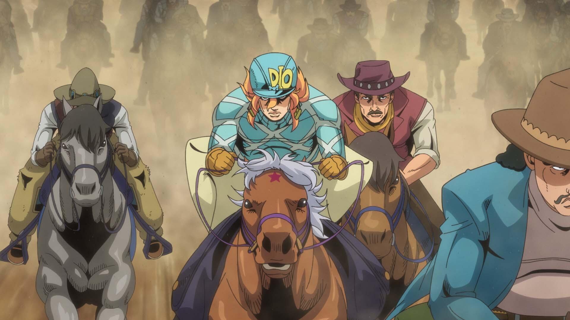 HD PC desktop wallpaper of Steel Ball Run: Diego Brando racing on horseback among cowboys and riders, a dynamic western horse race background.