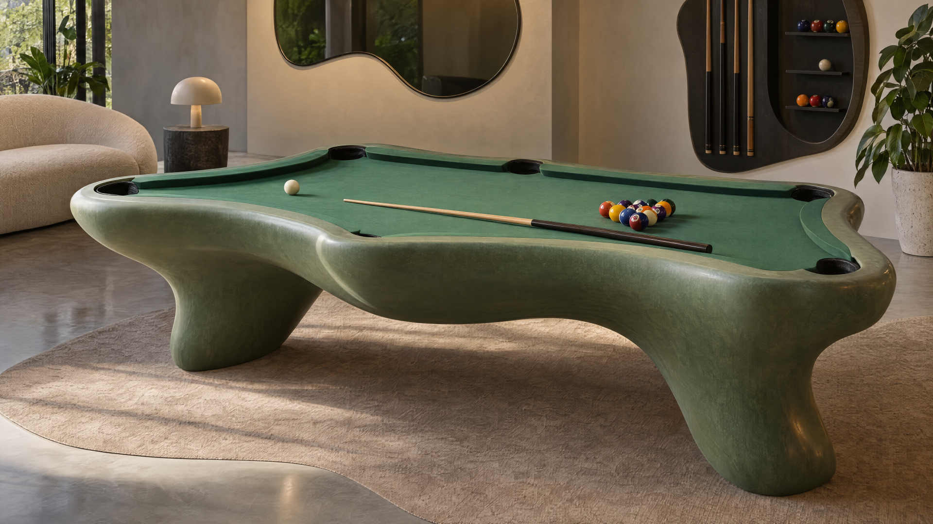 4K Ultra HD PC desktop wallpaper and background: modern green pool table with cue stick and racked billiard balls in a stylish room.