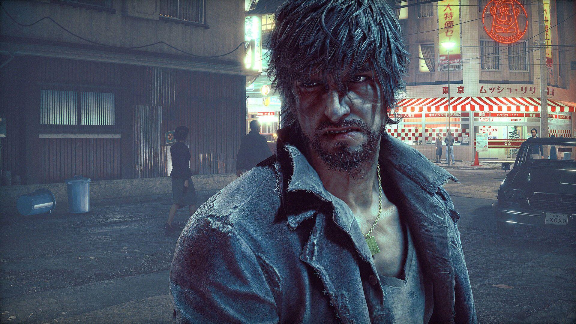 HD PC desktop wallpaper — Stranger Than Heaven, man: rugged, weathered man with stubble and torn coat stares in a neon-lit, rainy city street at night.