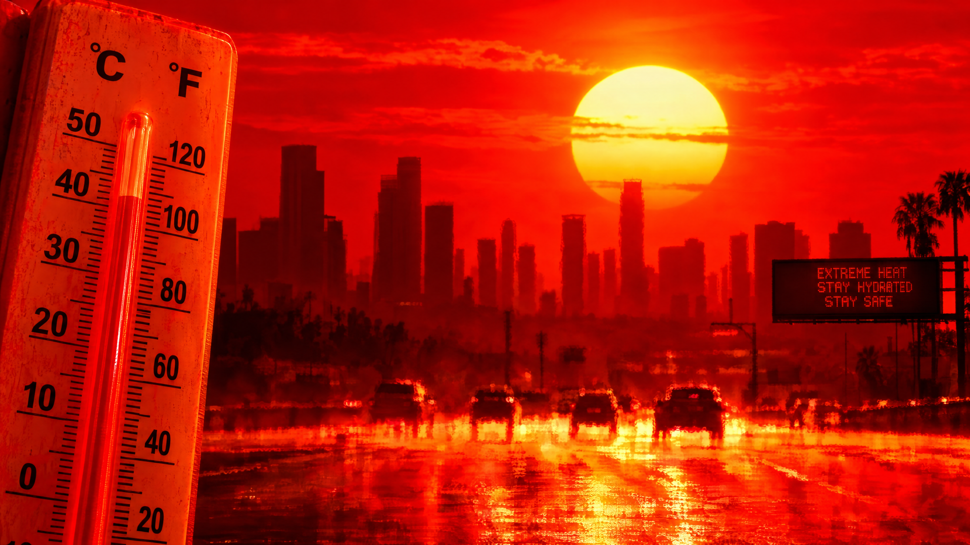 4K Ultra HD PC desktop wallpaper/background: searing red heatwave — blazing sun over a city skyline and wet highway, left-side thermometer pegged at extreme temperatures.