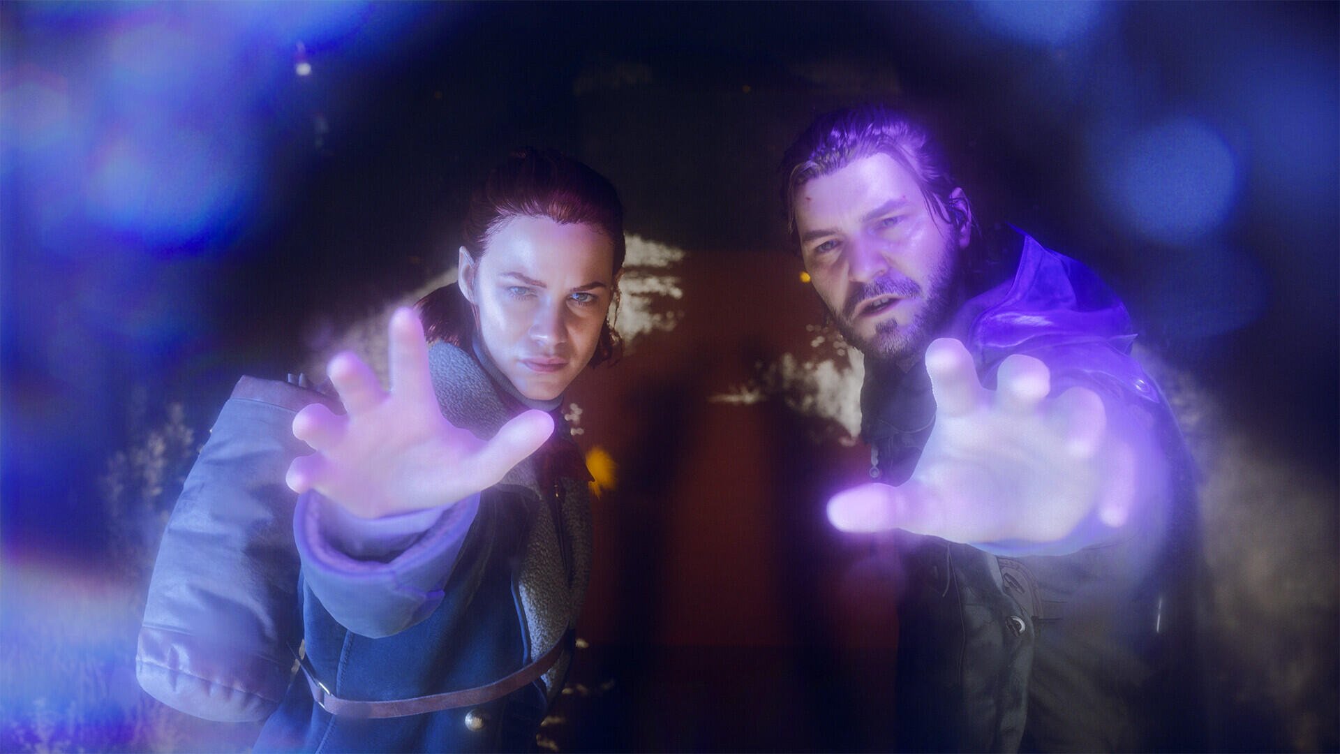 Control Resonant — HD PC desktop wallpaper of two men reaching forward with glowing, outstretched hands amid a blue‑purple resonant bokeh background.