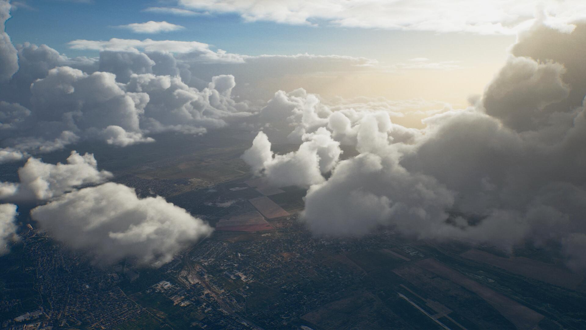 Ace Combat 8: Wings of Theve HD PC wallpaper — aerial view of sunlit clouds and wide sky above a detailed patchwork landscape, designed as a desktop background.