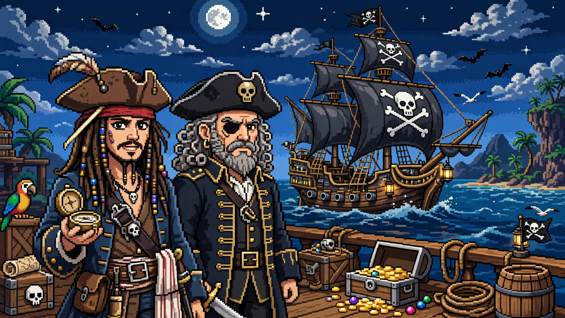 HD PC desktop wallpaper: Pirates of the Caribbean scene — two pirates on a dock, skull-flagged ship under a moonlit sky, treasure chest spilling gold and gems.