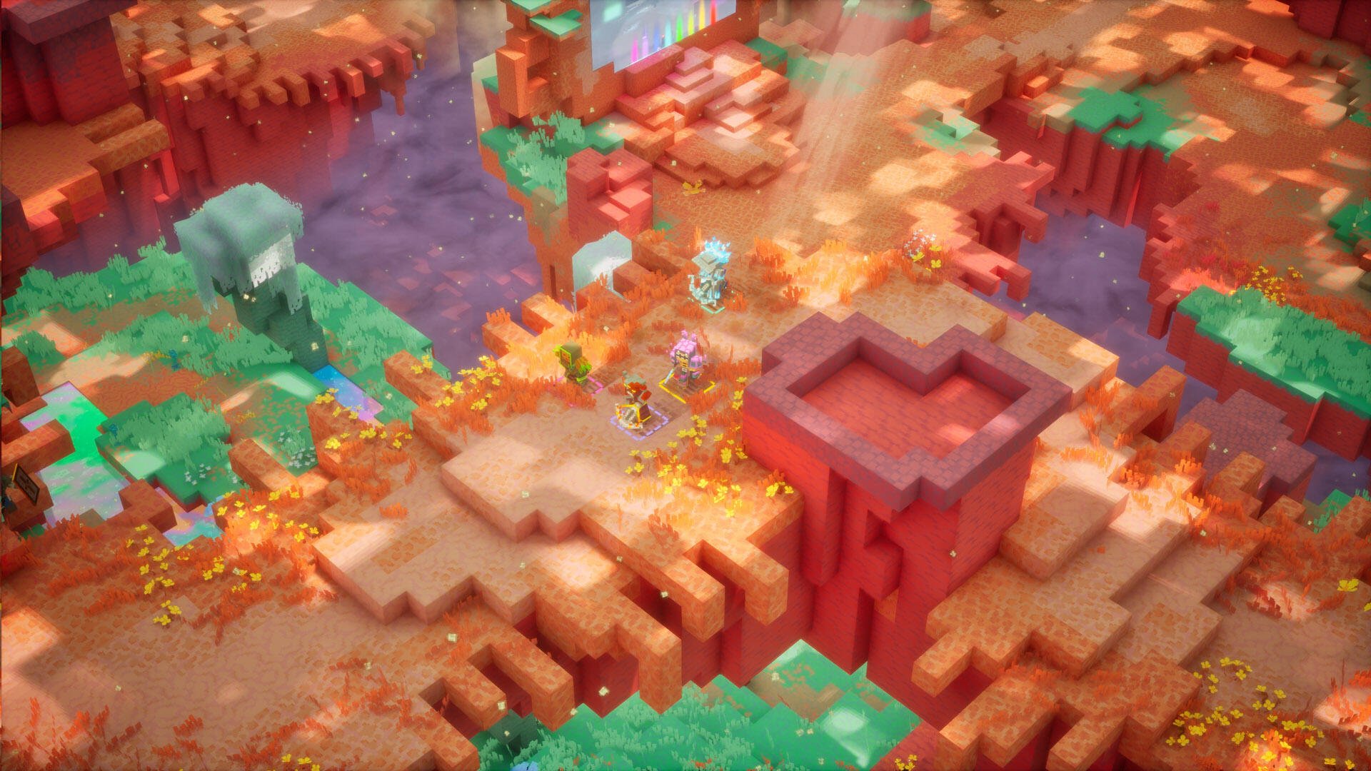 HD PC desktop wallpaper: Minecraft Dungeons II landscape — isometric Minecraft scene of blocky canyon and bridge over a purple river, autumn foliage and tiny adventurers.